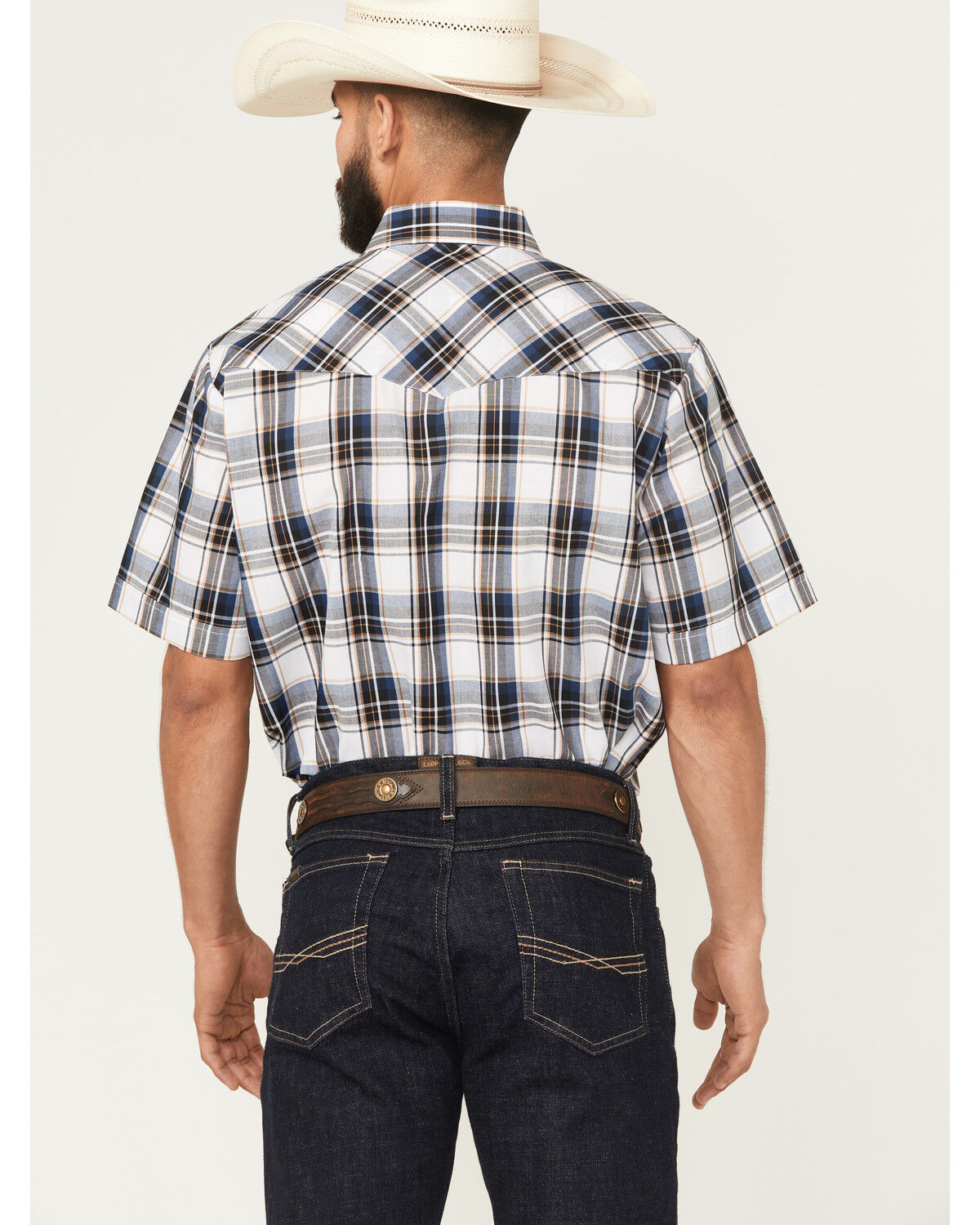 Image #4 - Ely Walker Men's Plaid Print Short Sleeve Snap Western Shirt, Navy, hi-res