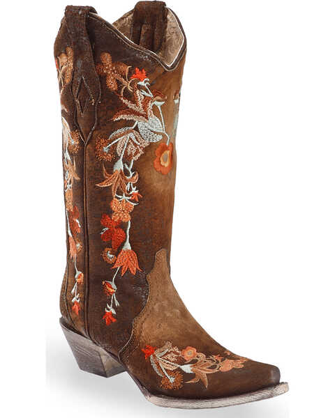 Image #1 - Corral Women's Floral Embroidered Lamb Western Boots - Snip Toe, Chocolate, hi-res