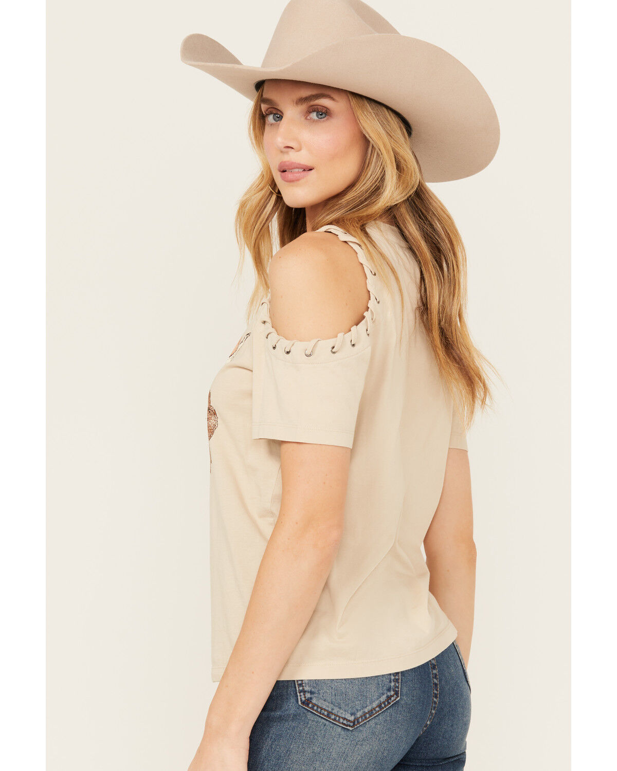 Image #2 - Shyanne Women's Cold Shoulder Steerhead Graphic Tee, Taupe, hi-res