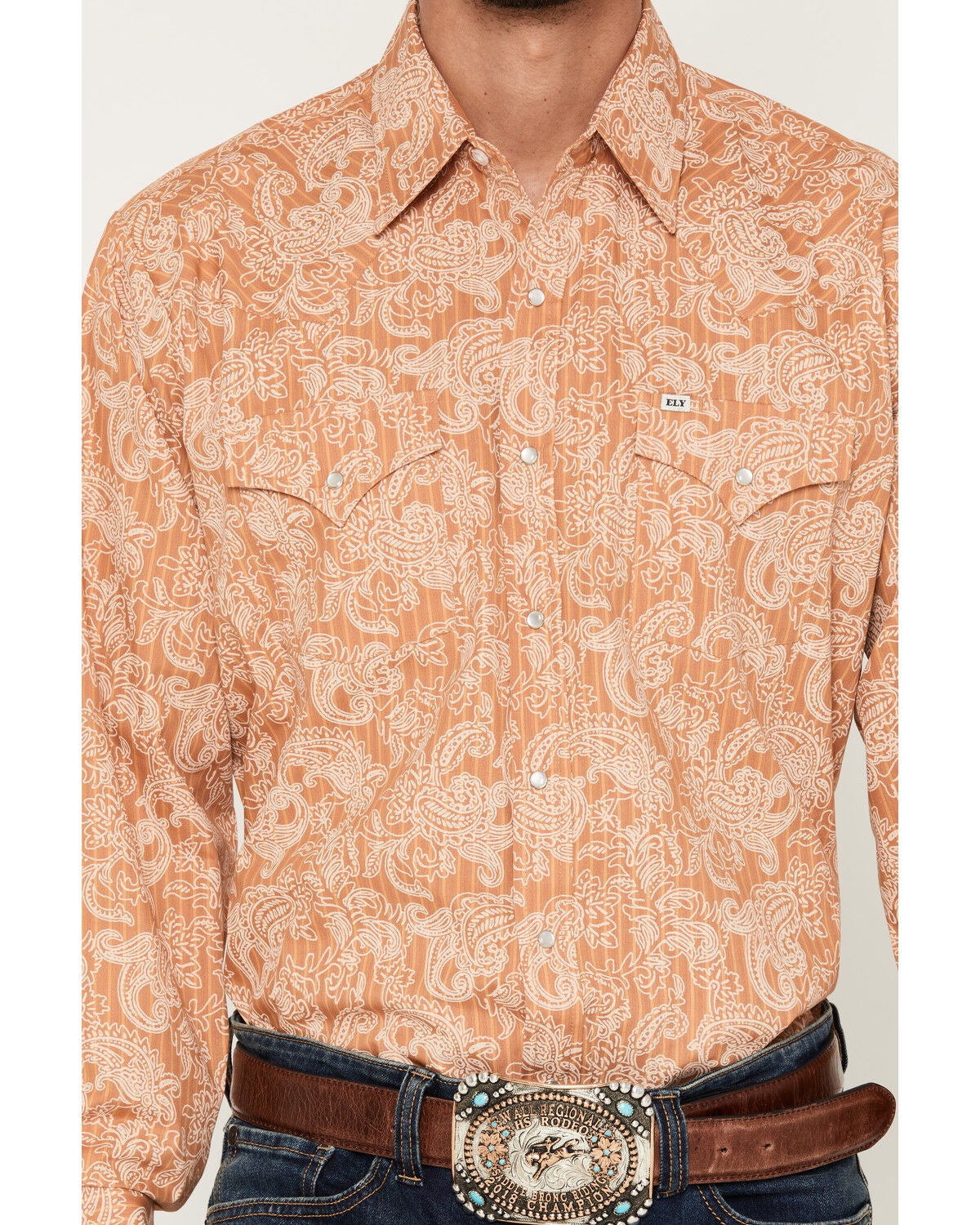 Image #3 - Ely Walker Men's Paisley Print Long Sleeve Pearl Snap Western Shirt, Gold, hi-res