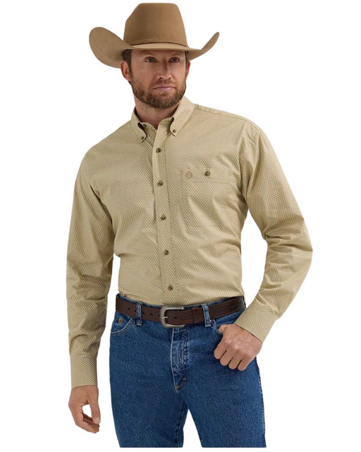 Image #1 - George Strait by Wrangler Men's Printed Long Sleeve Button-Down Stretch Western Shirt, Tan, hi-res