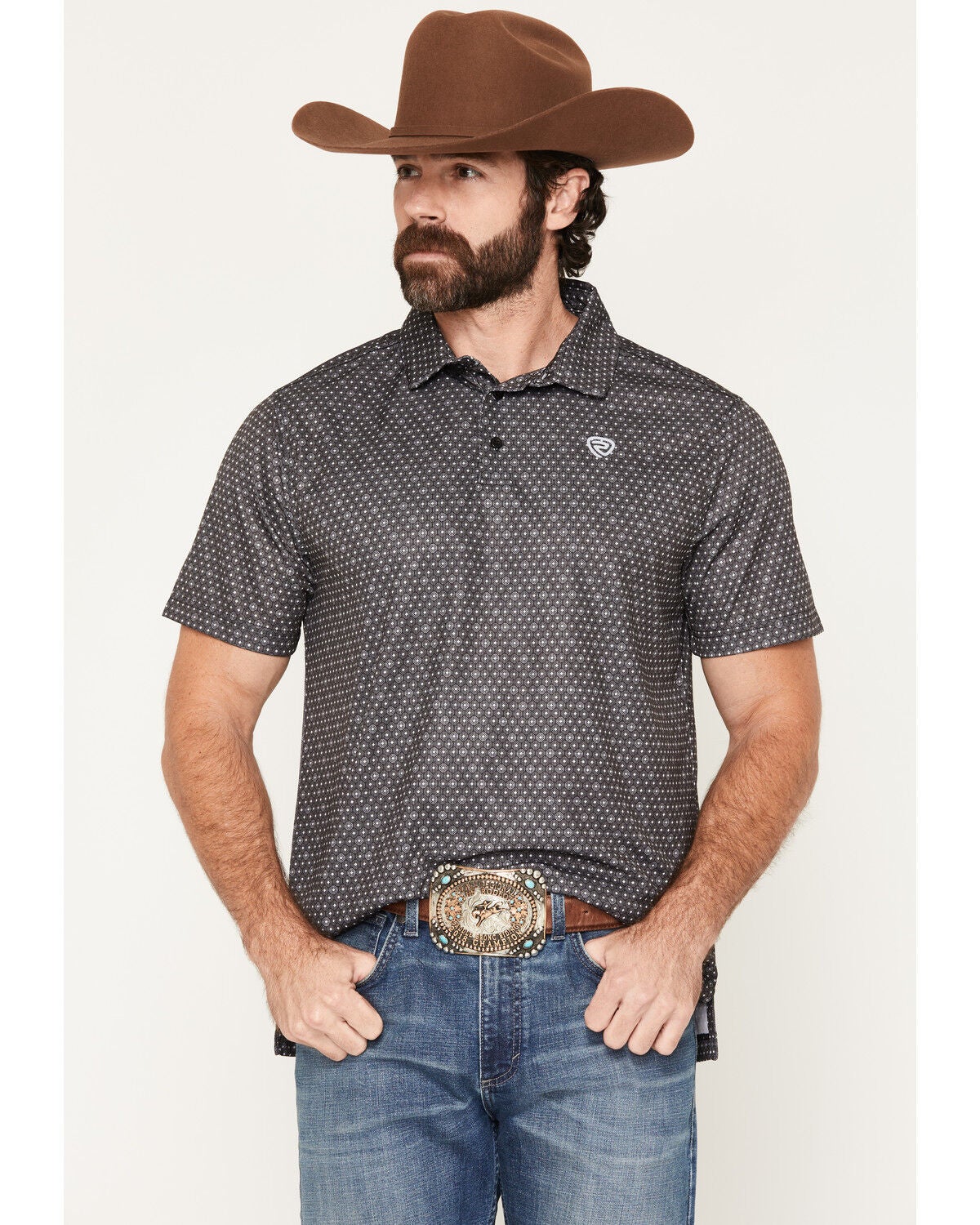 Rock & Roll Denim Men's Geo Print Short Sleeve Button-Down Stretch Polo, Black, hi-res