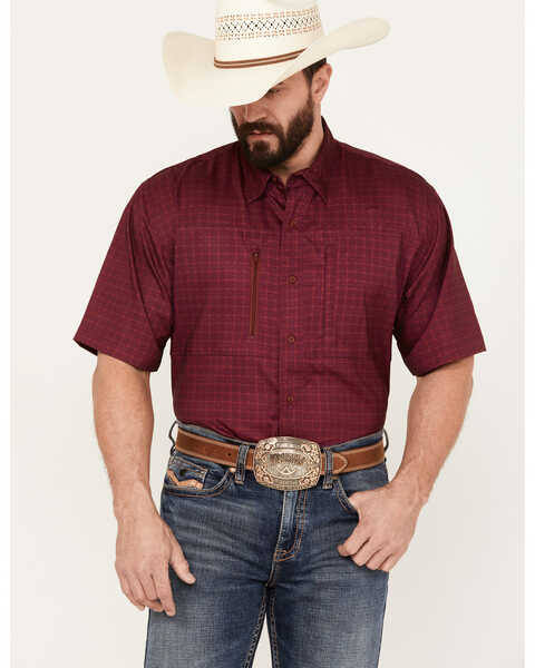Ariat Men's VentTEK Geo Print Classic Fit Short Sleeve Button Down Western Shirt, Dark Red, hi-res