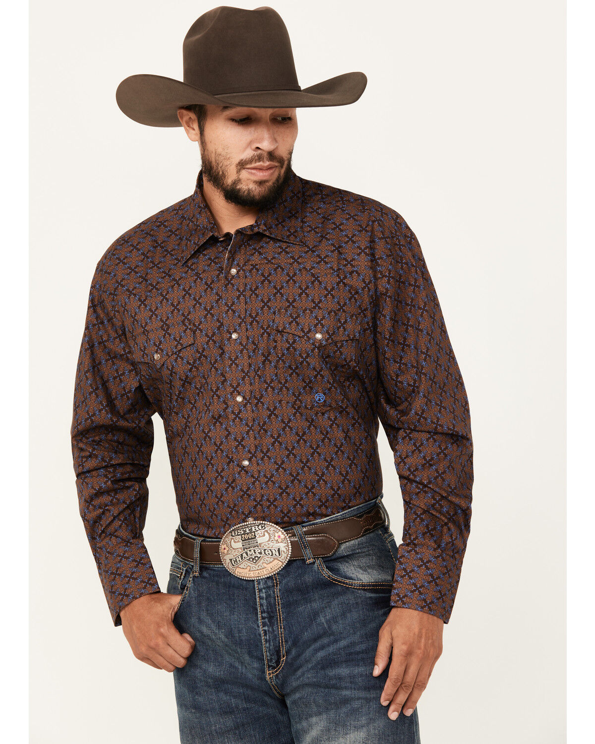 Image #1 - Roper Men's Amarillo Medallion Print Long Sleeve Pearl Snap Western Shirt, Brown, hi-res