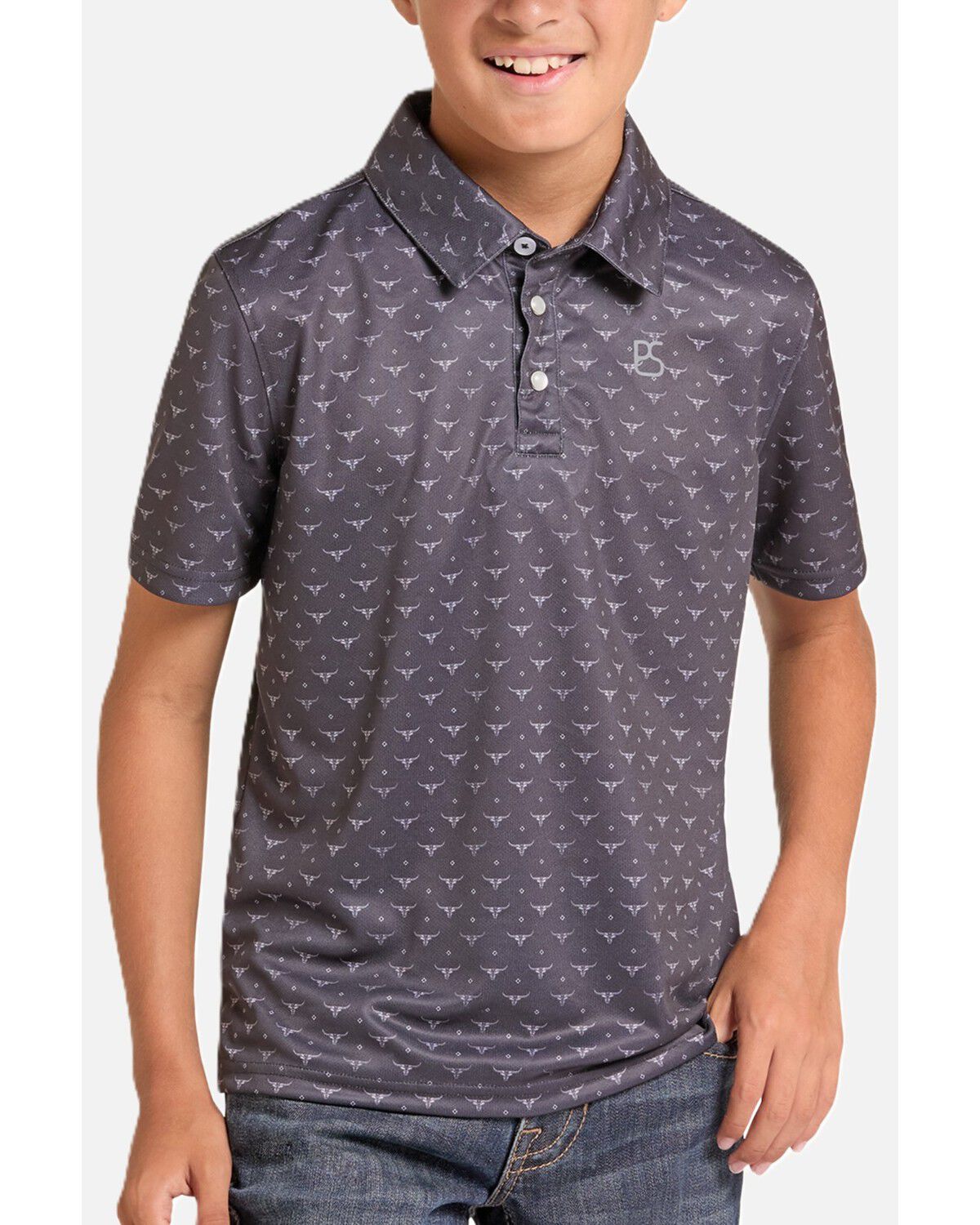 Panhandle Slim Boys' Steer Head Print Short Sleeve Polo, Black, hi-res