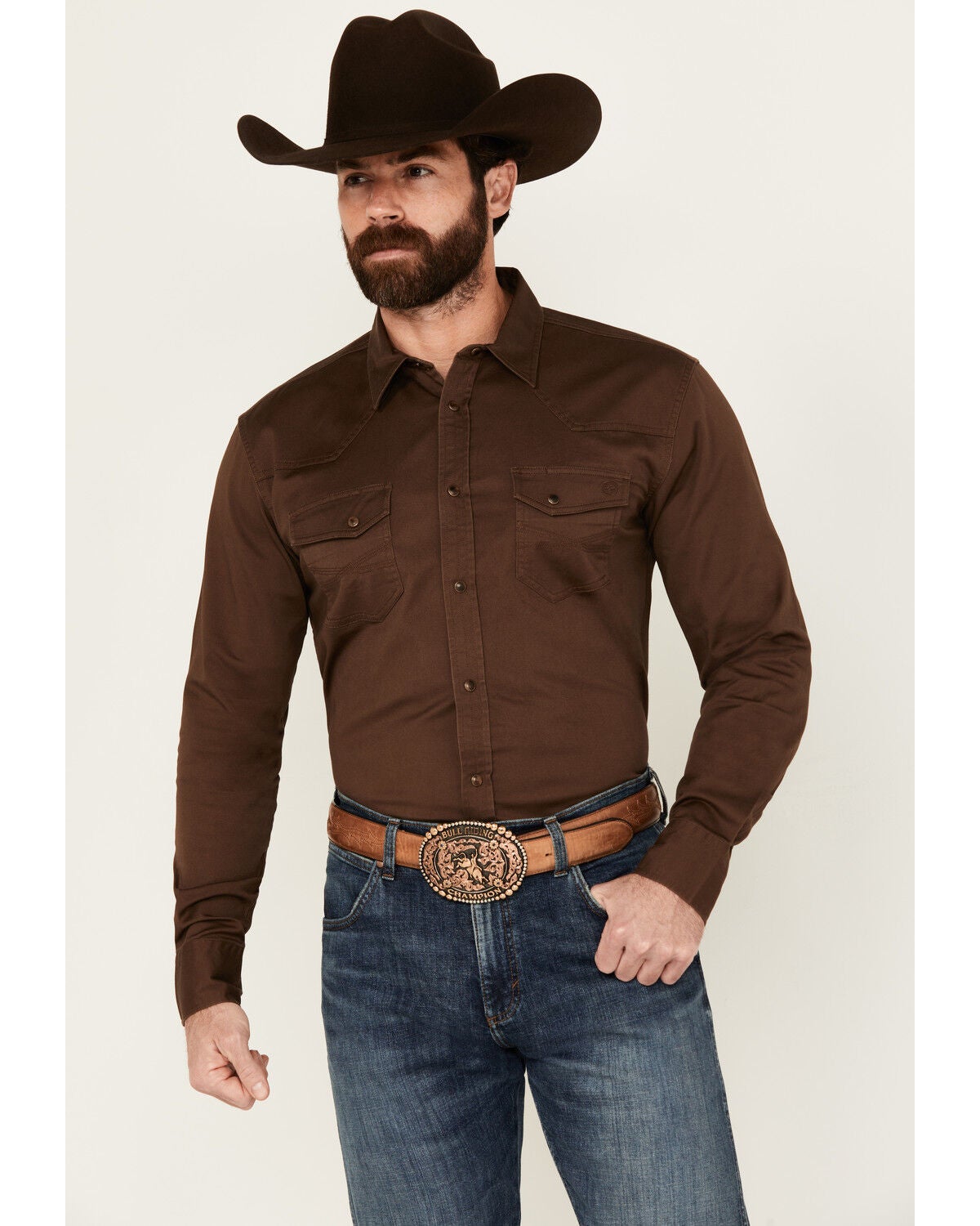 Blue Ranchwear Men's Rustler Solid Twill Long Sleeve Snap Western Shirt, Brown, hi-res