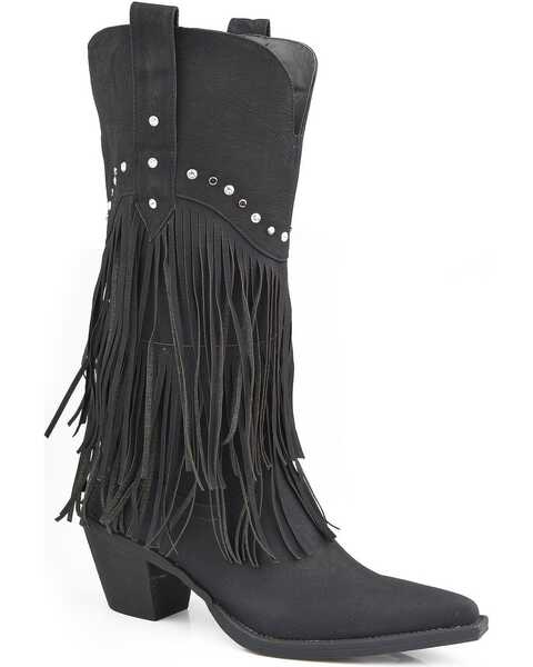 Roper Women's Rhinestone Fringe Western Boots - Snip Toe, Black, hi-res