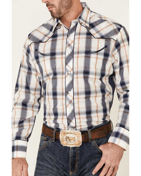 Image #3 - Roper Men's Classic Large Plaid Star Print Embroidered Long Sleeve Pearl Snap Western Shirt , Navy, hi-res