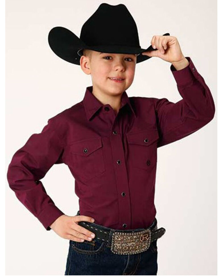 Roper Boys' Solid Long Sleeve Snap Western Shirt, Wine, hi-res