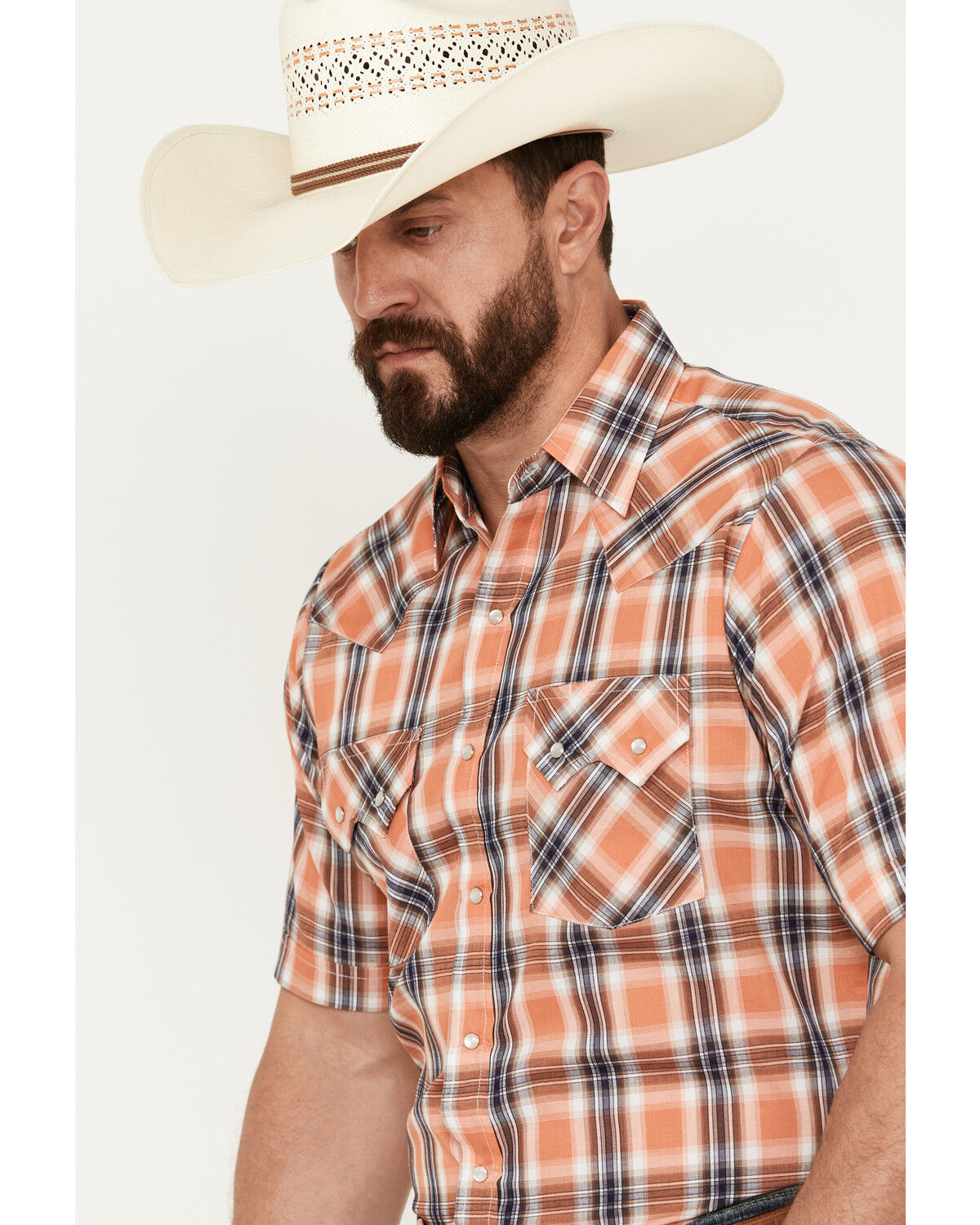 Image #2 - Ely Walker Men's Plaid Print Short Sleeve Pearl Snap Western Shirt, Orange, hi-res