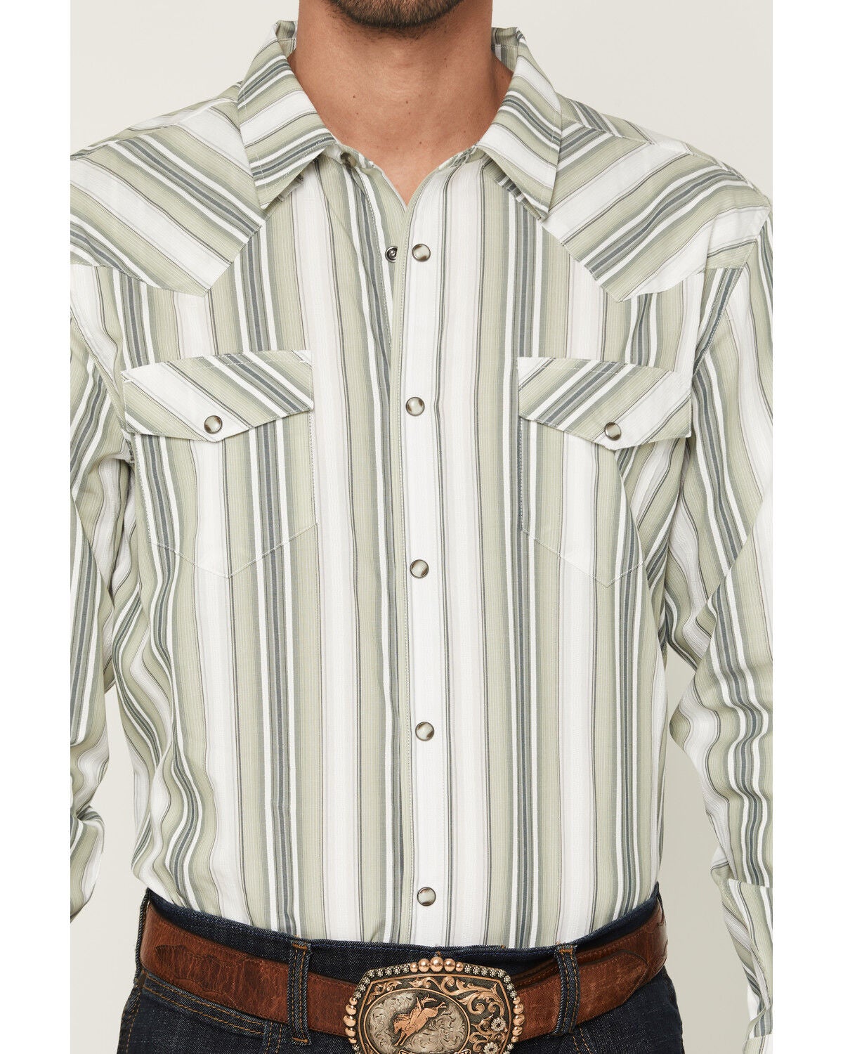 Image #3 - Gibson Trading Co Men's Dustline Striped Long Sleeve Snap Western Shirt, Sage, hi-res
