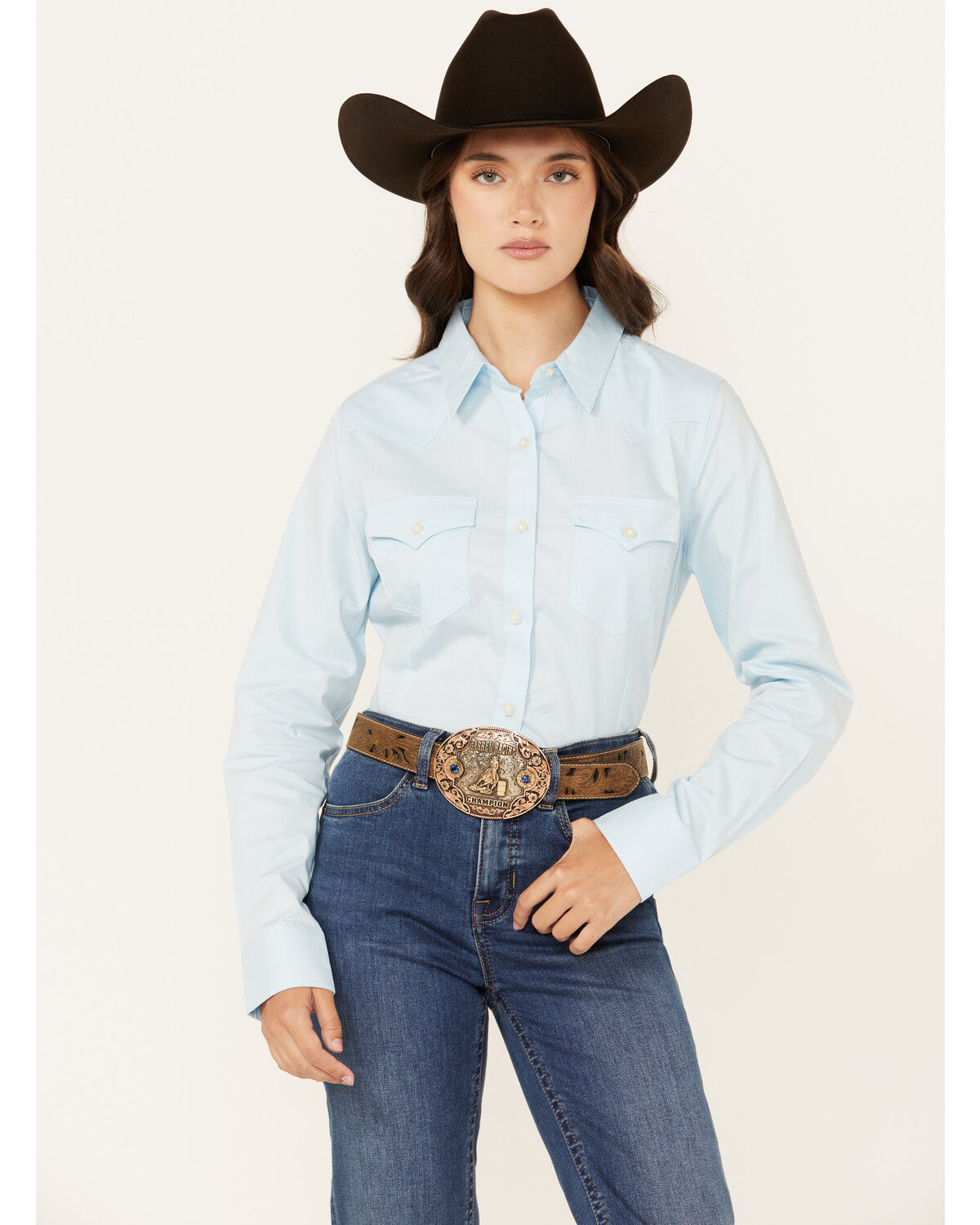 Image #1 - Wrangler Retro Women's Solid Long Sleeve Button-Down Stretch Western Shirt, Light Blue, hi-res