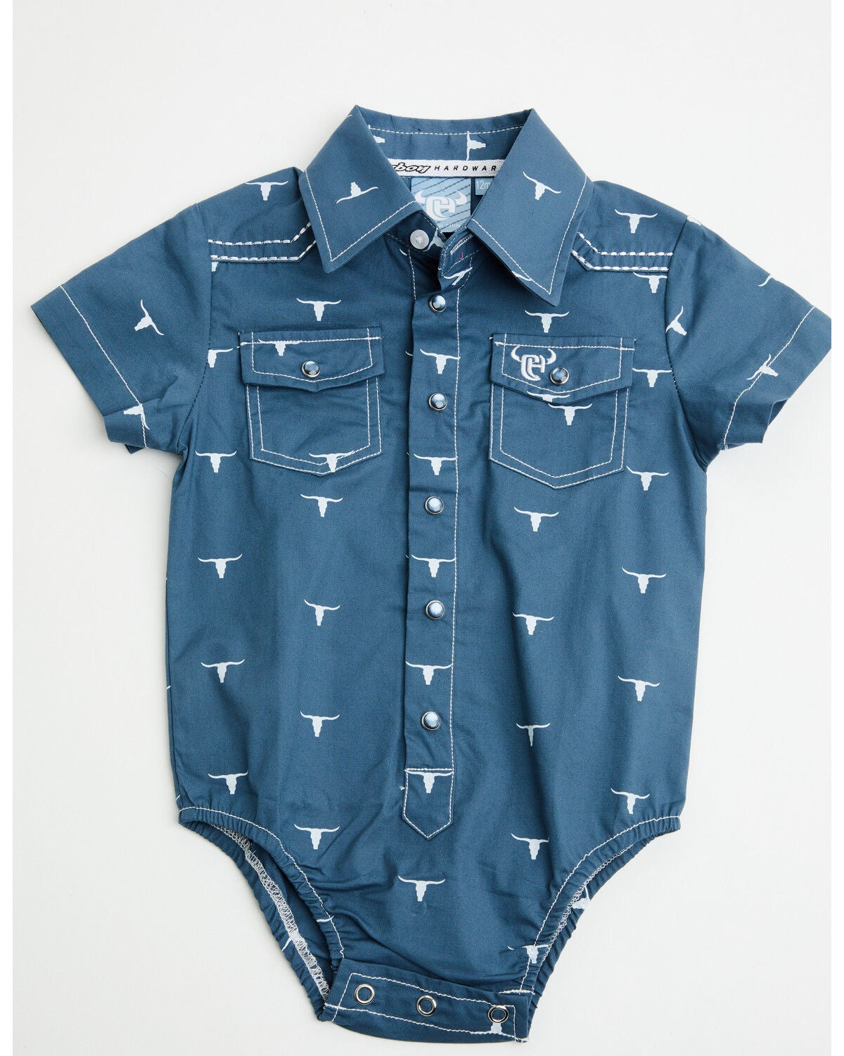 Image #1 - Cowboy Hardware Infant Boys' Scattered Skull Short Sleeve Pearl Snap Stretch Onesie, Blue, hi-res