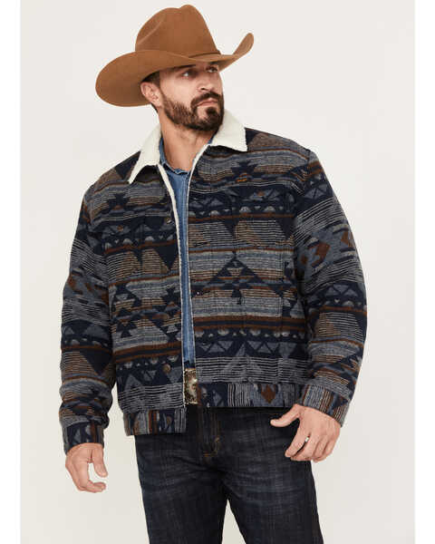 Image #1 - Wrangler Men's Southwestern Print Sherpa Button Down Jacquard Jacket, Blue, hi-res