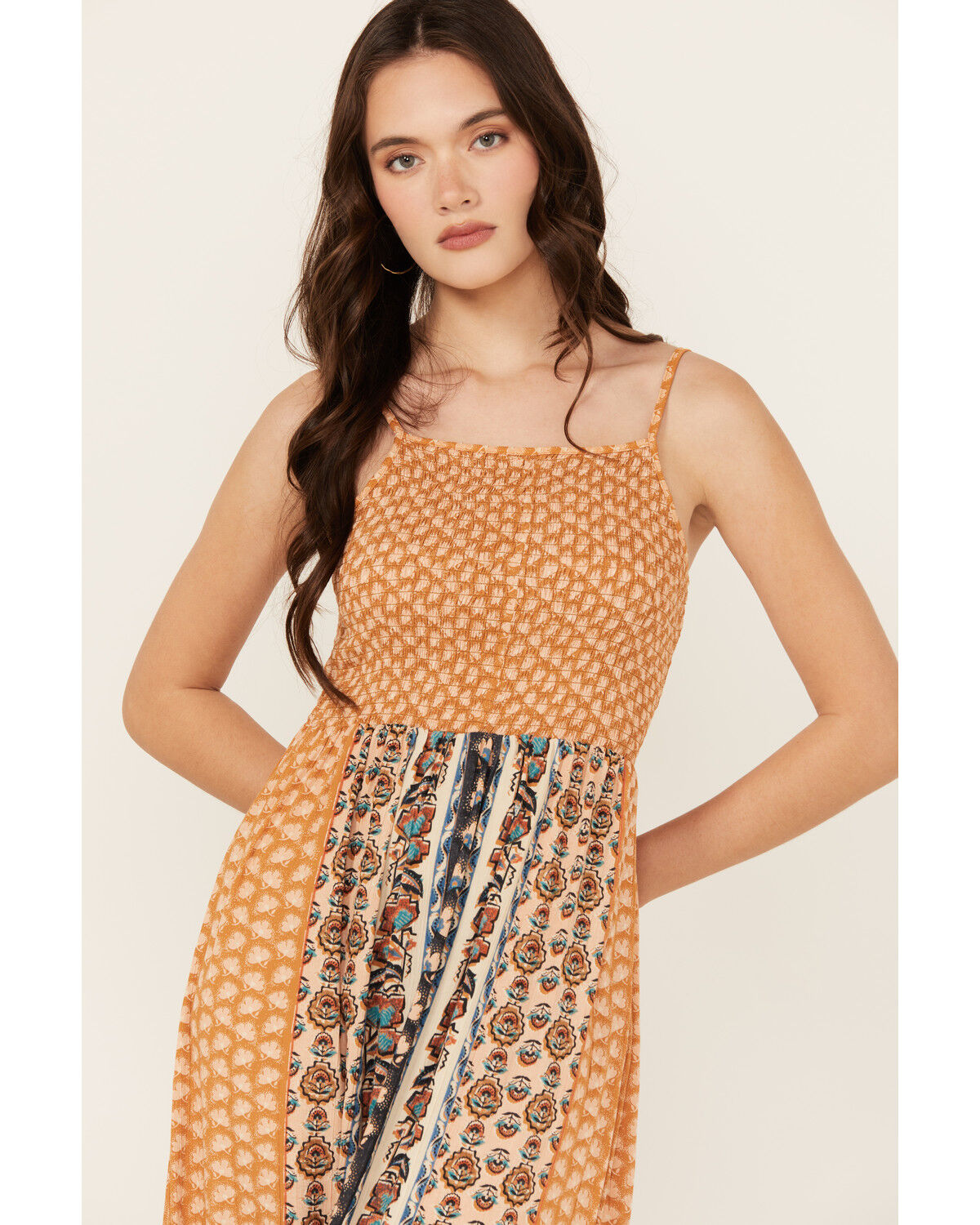 Image #3 - Angie Women's Border Print Smocked Midi Dress, Mustard, hi-res