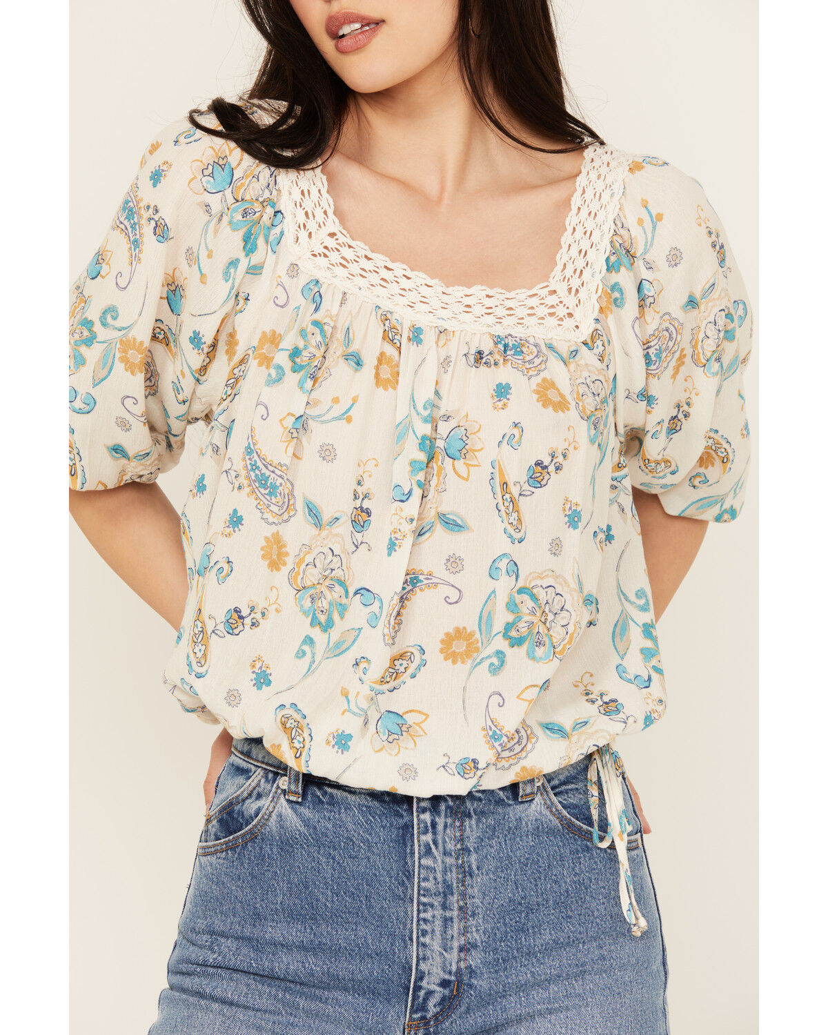 Image #3 - Wild Moss Women's Floral Print Long Sleeve Peasant Top, Ivory, hi-res