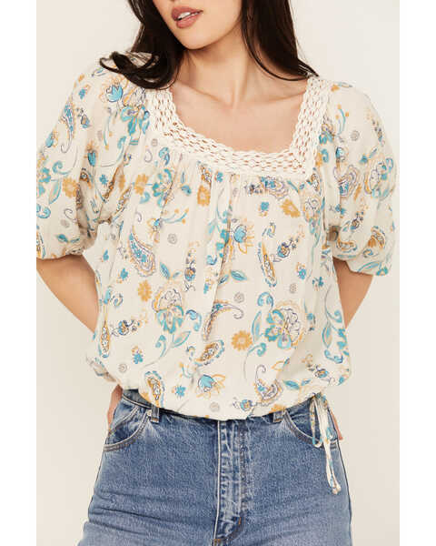 Image #3 - Wild Moss Women's Floral Print Long Sleeve Peasant Top , Ivory, hi-res