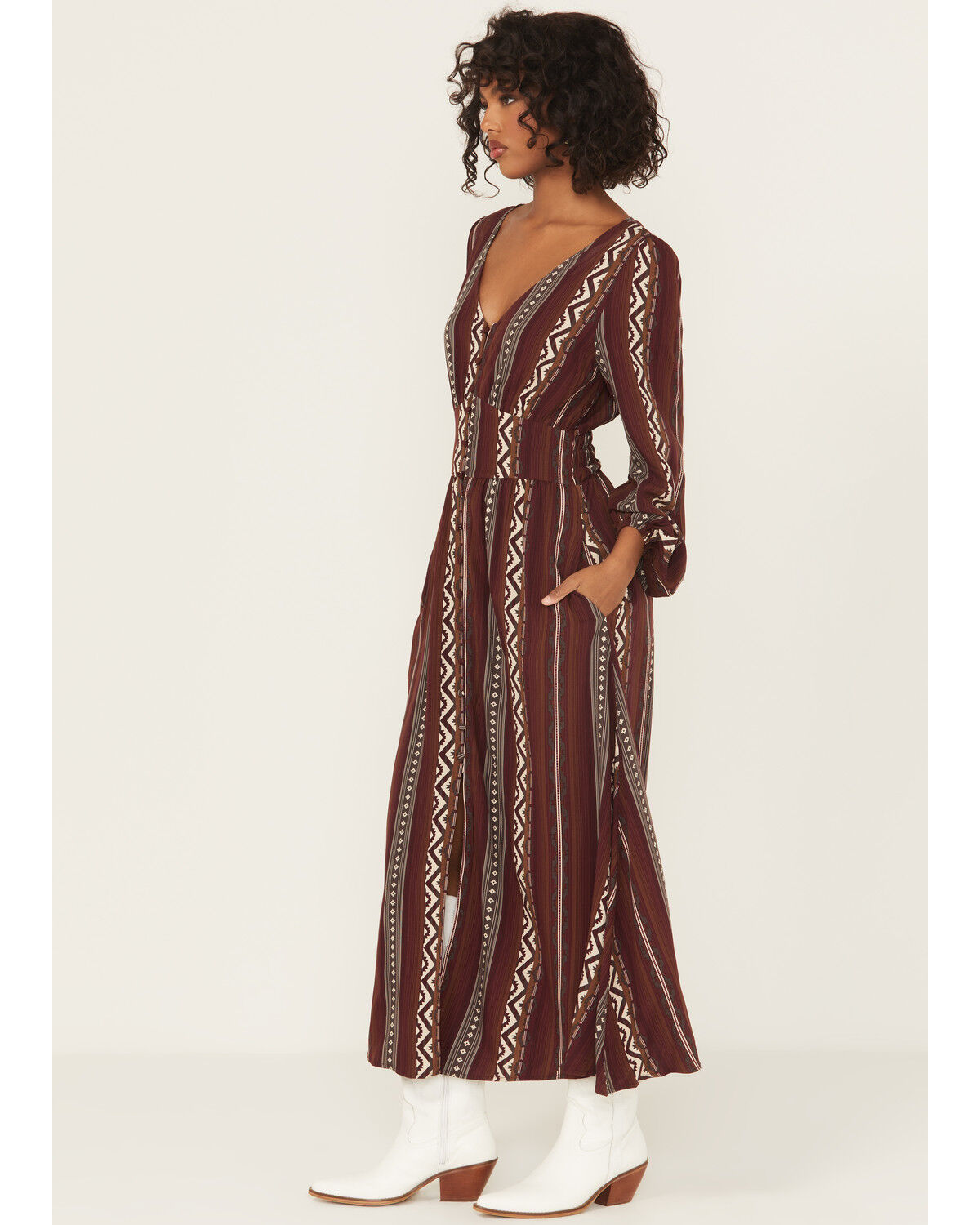 Image #2 - Wrangler Retro Women's Southwestern Striped Print Long Sleeve Button-Down Maxi Dress, Burgundy, hi-res