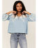 Roper Women's Denim Lace Embroidered Floral Peasant Top, Blue, hi-res