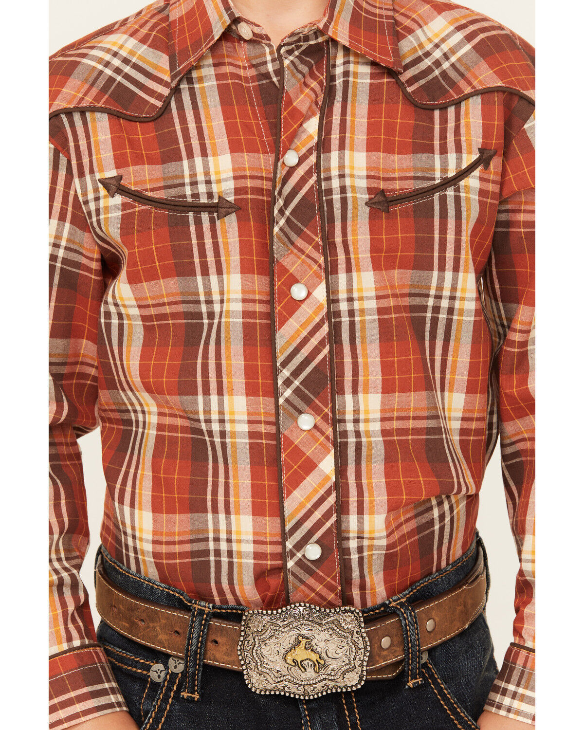 Image #3 - Roper Boys' Plaid Print Cowboy Embroidery Long Sleeve Pearl Snap Western Shirt, Rust Copper, hi-res