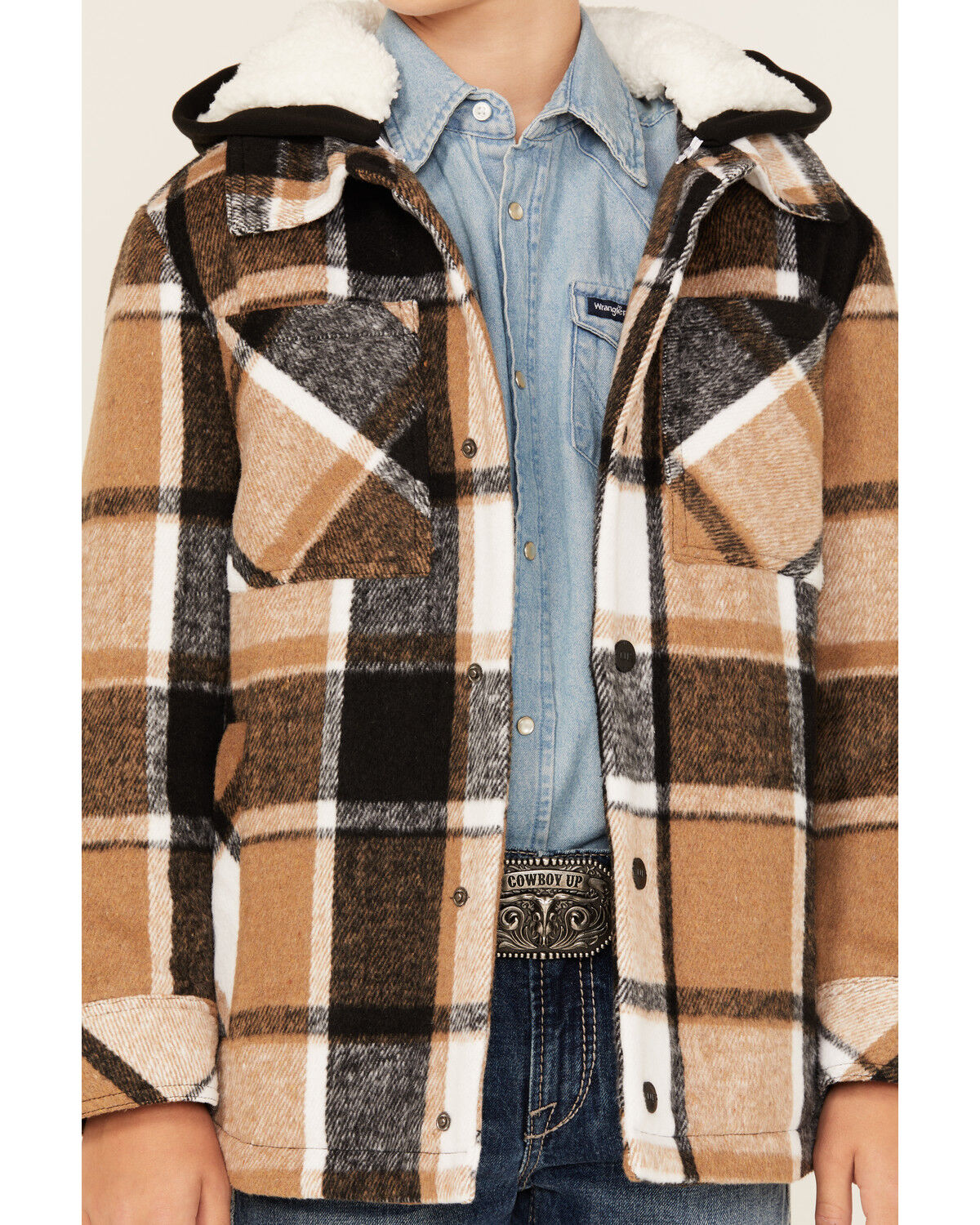 Image #3 - Urban Republic Boys' Plaid Print Sherpa Lined Snap Hooded Shacket, Brown, hi-res