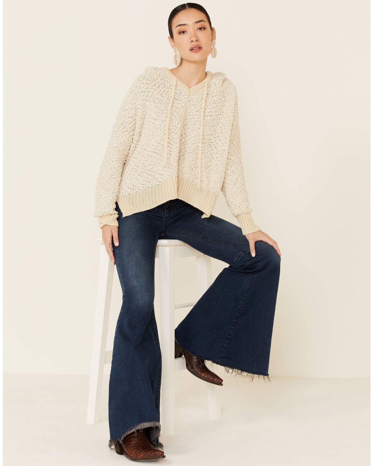 Image #1 - POL Women's Beige Popcorn Chenille Hooded Sweater , , hi-res