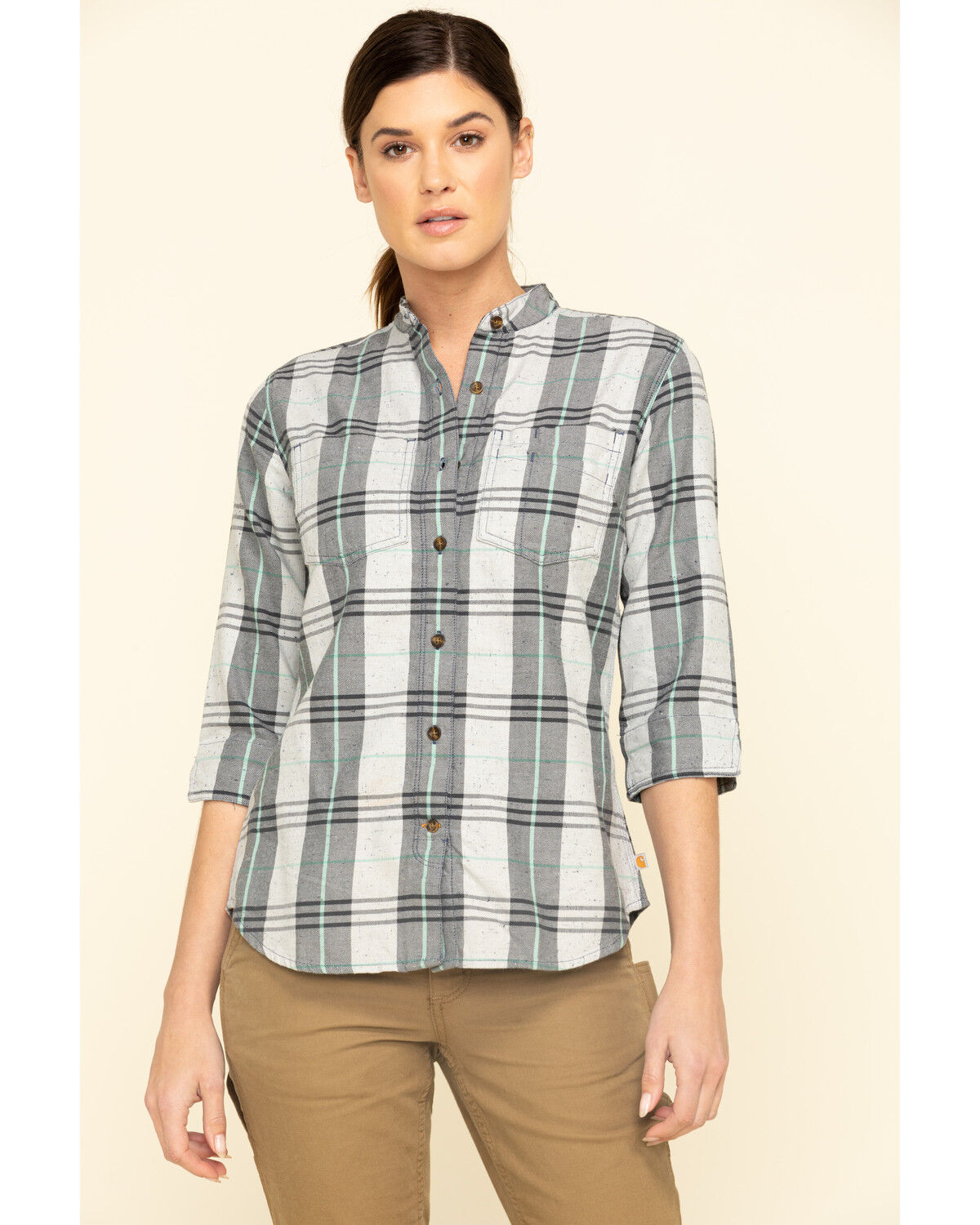 Image #1 - Carhartt Women's Twilight Relaxed 3/4 Sleeve Plaid Shirt, Dark Blue, hi-res