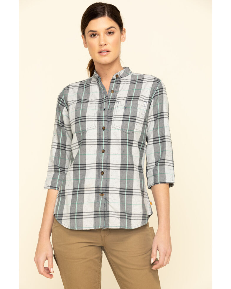 Carhartt Women's Twilight Relaxed 3/4 Sleeve Plaid Shirt , Dark Blue, hi-res