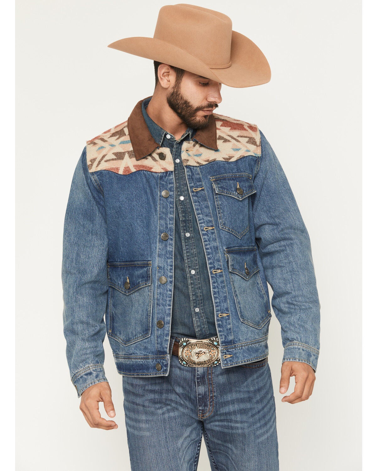 Cody James Men's Southwestern Blanket Yoke Unlined Denim Jacket, Medium Wash, hi-res