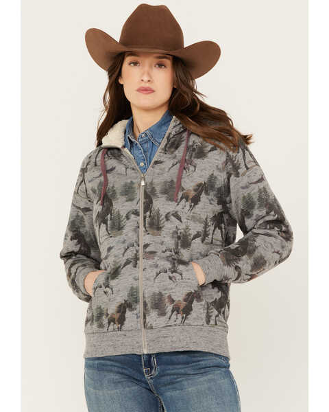 Ariat Women's R.E.A.L Horse Print Sherpa Lined Full Zip Hoodie , Grey, hi-res