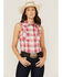 Wrangler Women's Americana Plaid Print Sleeveless Western Snap Shirt, Red/white/blue, hi-res