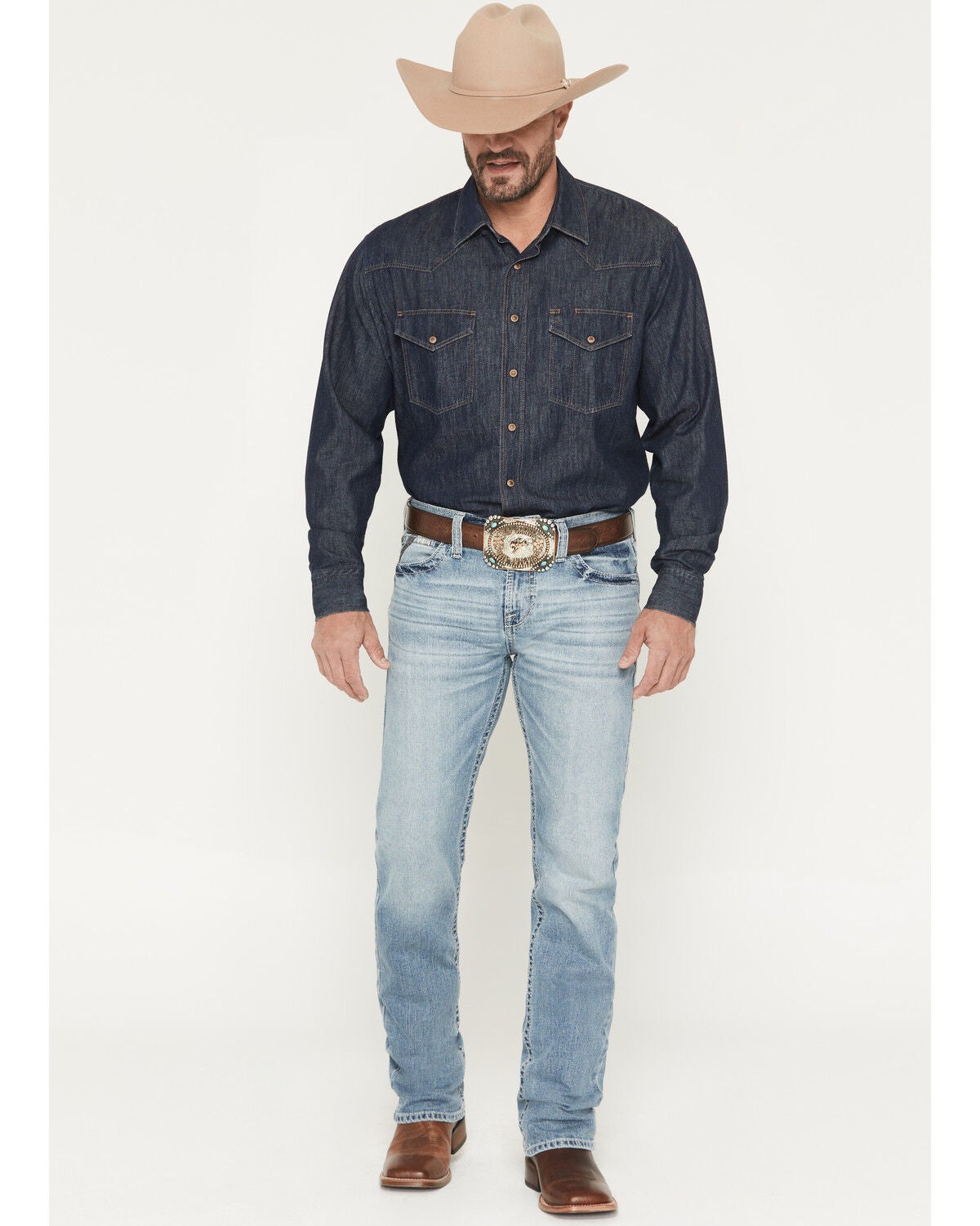 Image #1 - Ariat Men's M7 Rocker Shasta Light Wash Slim Straight Stretch Denim Jeans, Blue, hi-res