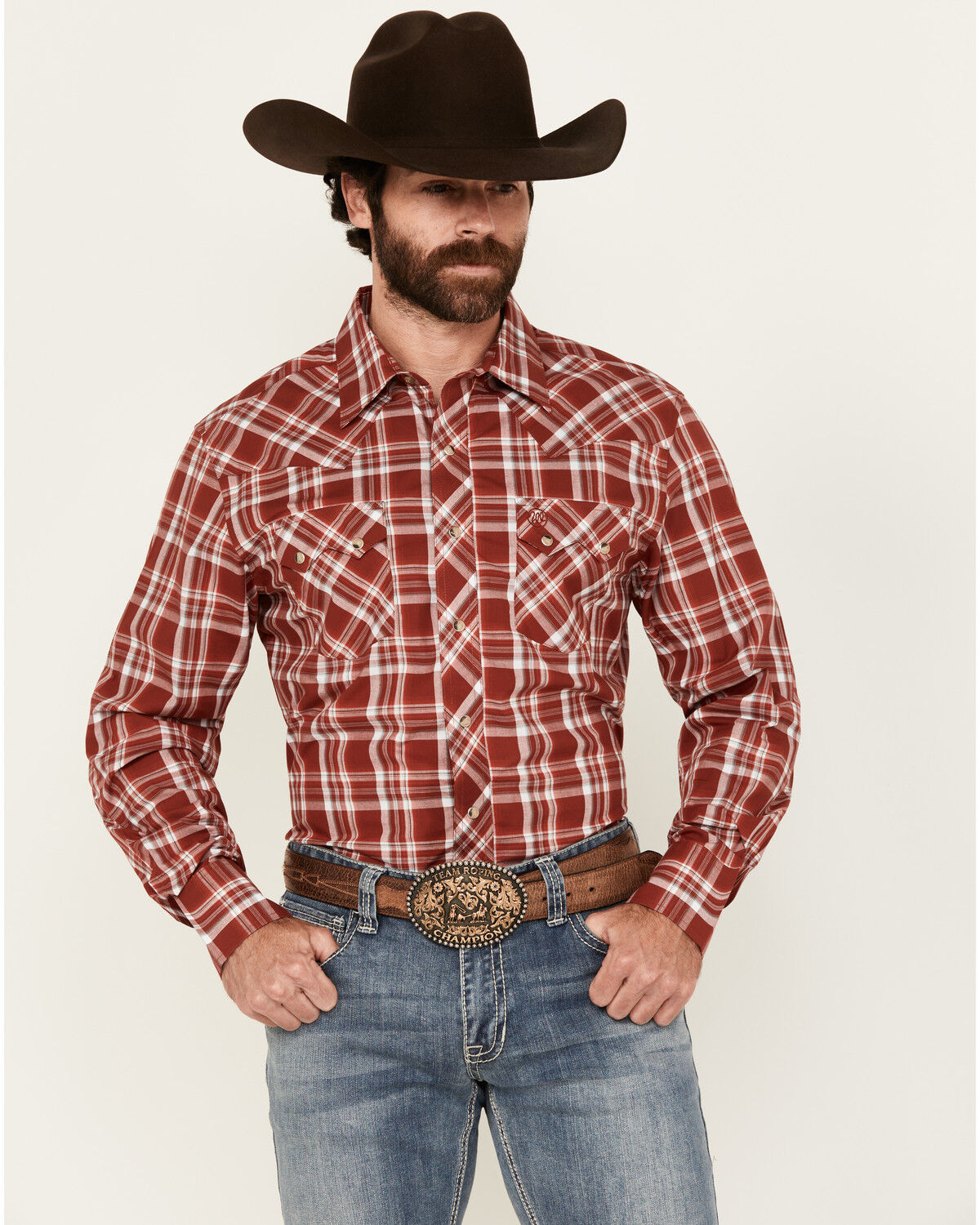 Image #1 - Wrangler Retro Men's Plaid Print Long Sleeve Snap Western Shirt, Red, hi-res