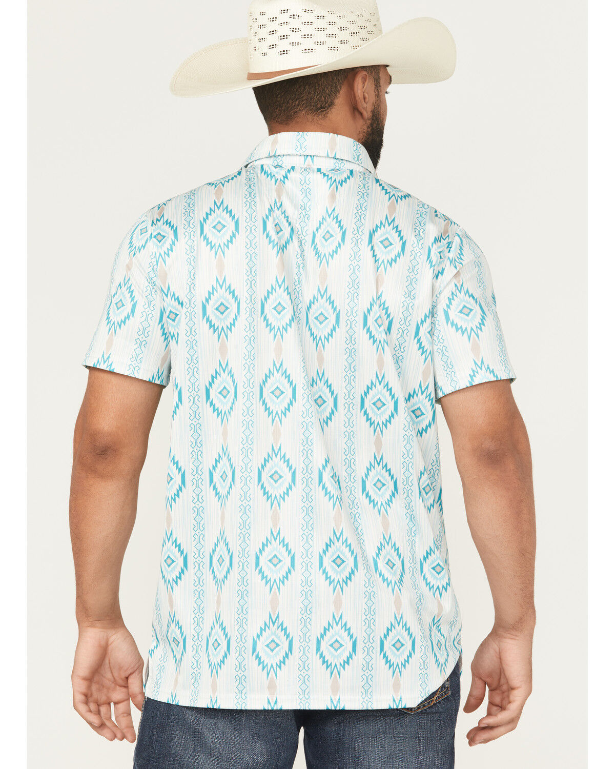 Image #4 - Rock & Roll Denim Men's Southwestern Print Short Sleeve Button-Down Stretch Polo Shirt, Aqua, hi-res