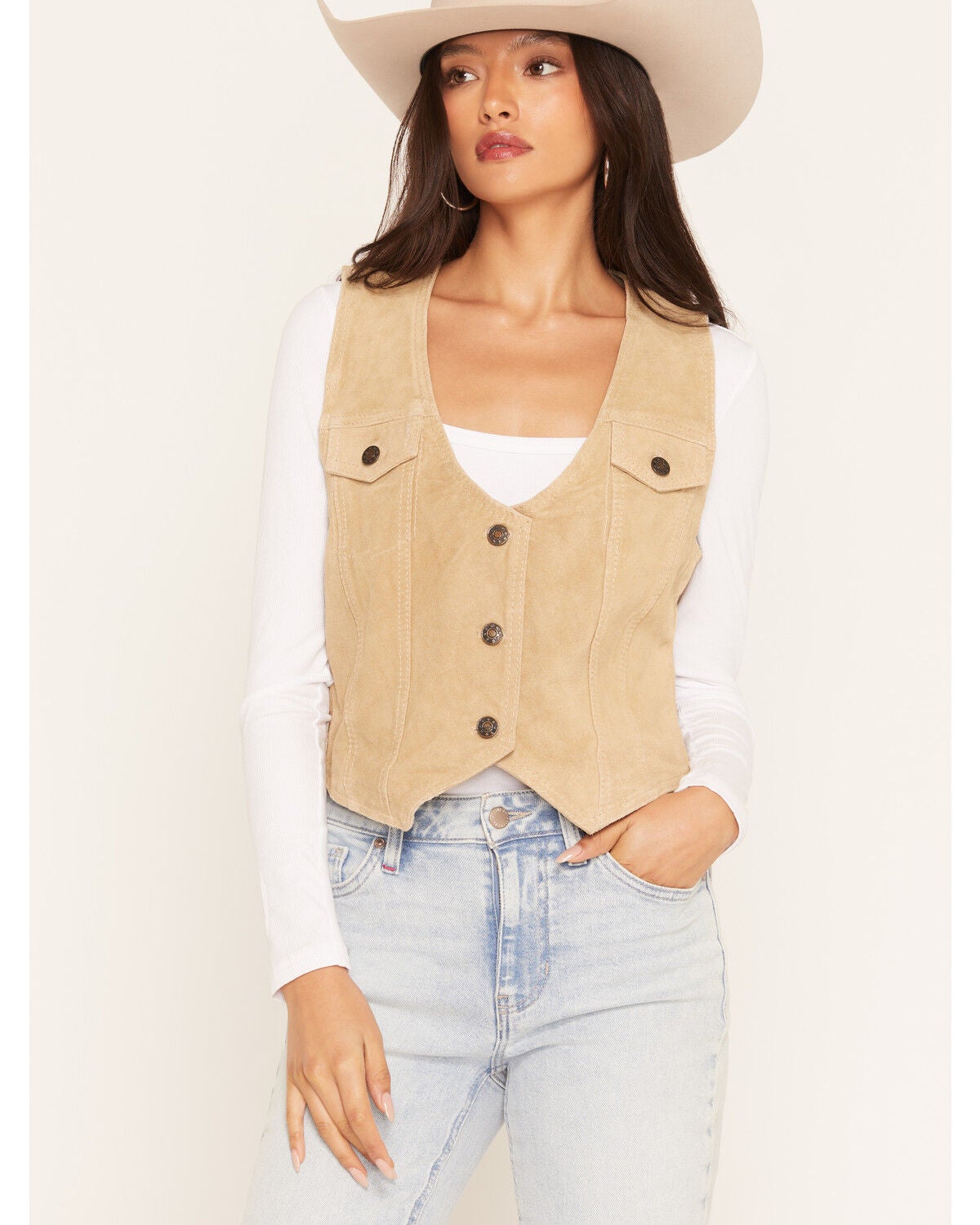 Scully Women's Faux Pocket Suede Vest, Natural, hi-res