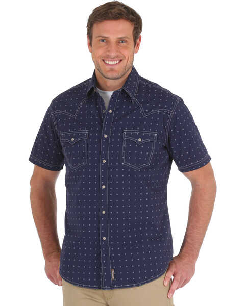 Image #1 - Wrangler Retro Men's Navy Premium Geo Print Short Sleeve Western Shirt, , hi-res
