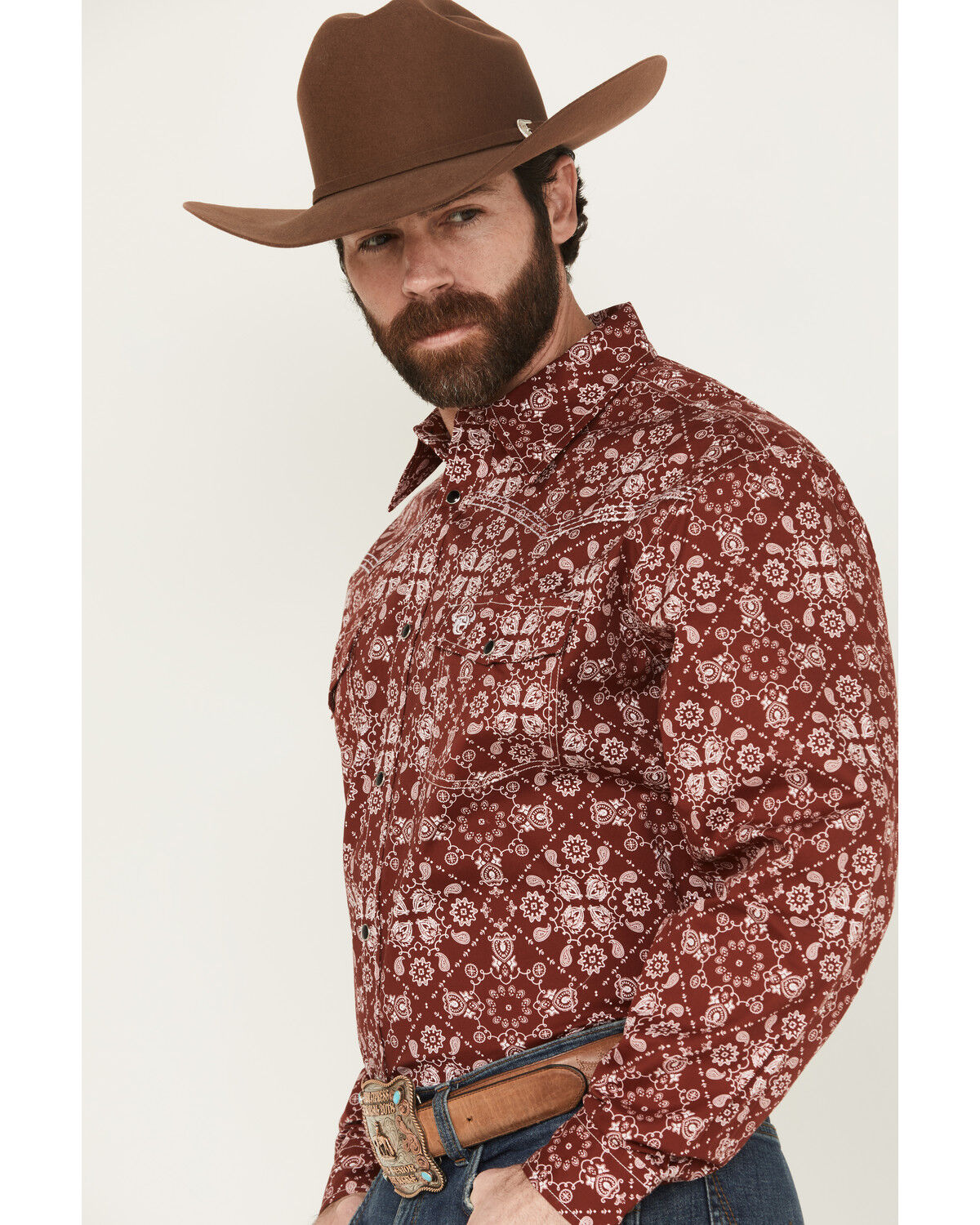 Image #2 - Cowboy Hardware Men's Bandana Long Sleeve Snap Stretch Western Shirt, Red, hi-res