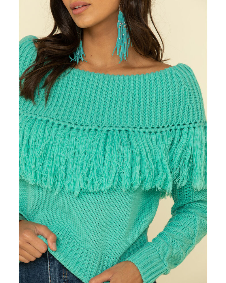 Rock & Roll Denim Women's Turquoise Off Shoulder Cable Knit Fringe