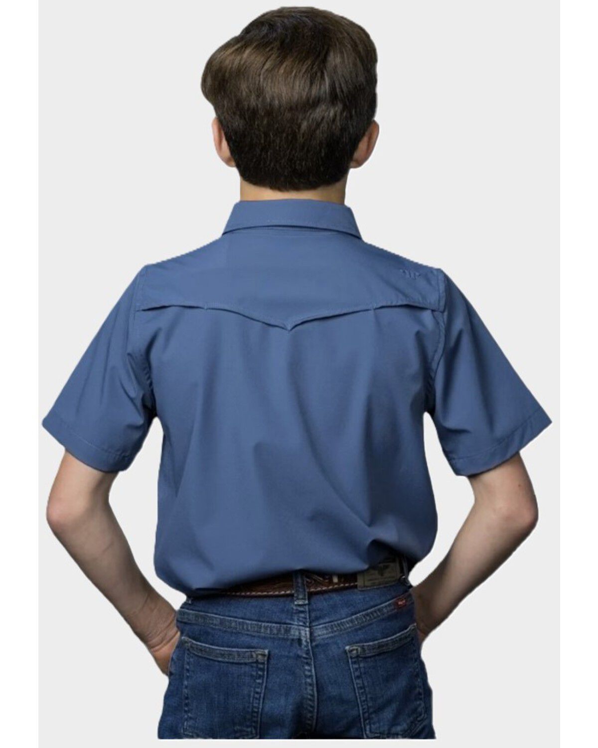 Image #2 - Ferrell Boys' Core Tek Solid Short Sleeve Pearl Snap Performance Western Shirt, Blue, hi-res