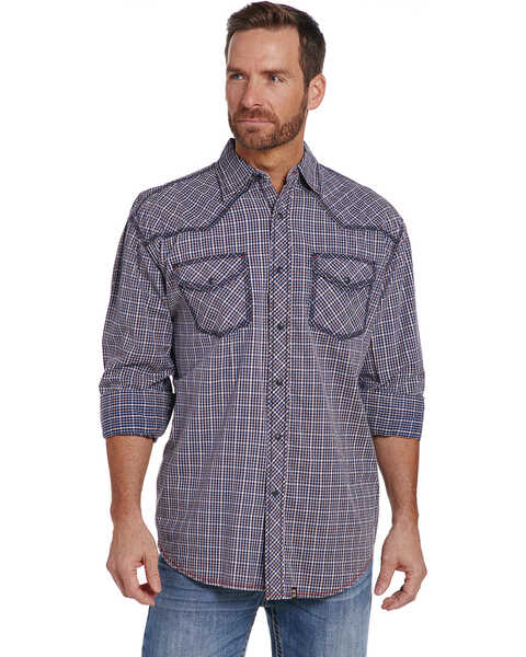 Cowboy Up Men's Heavy Stitched Plaid Print Long Sleeve Snap Western Shirt , Blue, hi-res