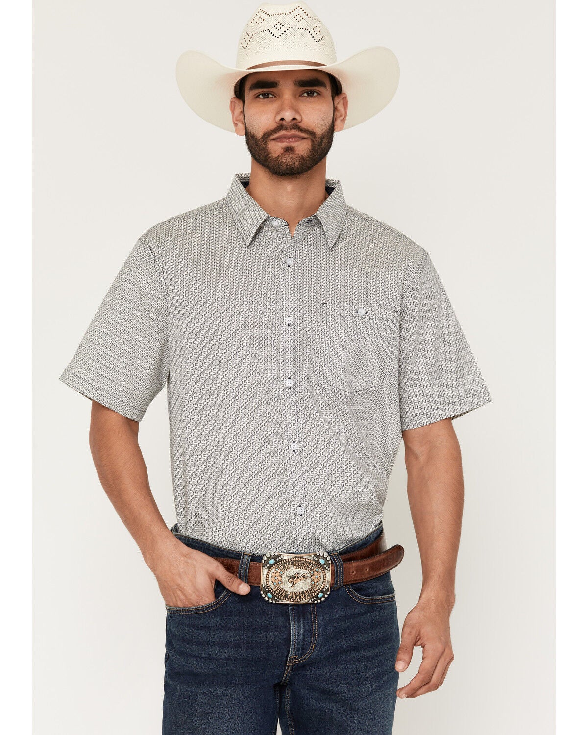 Image #1 - RANK 45&reg; Men's Charged Geo Print Short Sleeve Button-Down Stretch Western Shirt, Navy, hi-res
