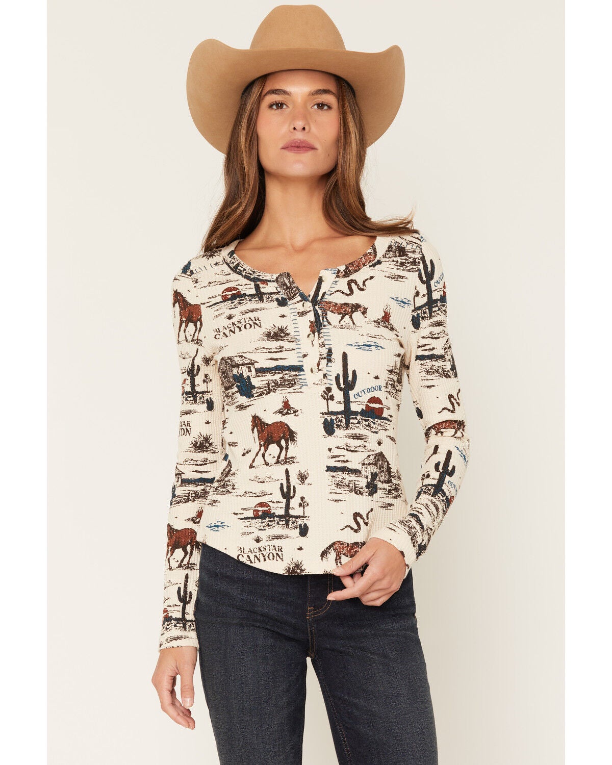 Shyanne Women's Hillsdale Printed Long Sleeve Henley Thermal Top, Natural, hi-res