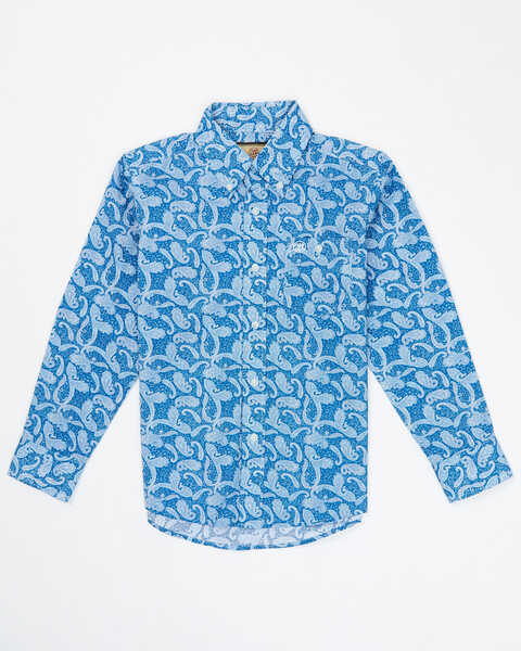 Wrangler Boys' Classic Paisley Print Long Sleeve Button Western Shirt , Blue, hi-res