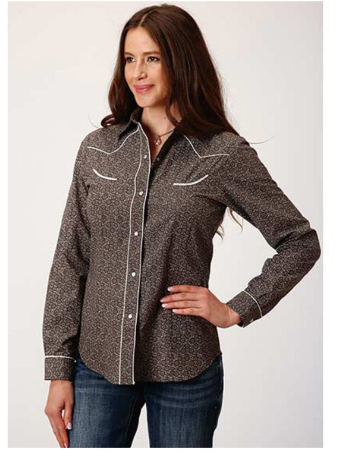 Image #1 - Roper Women's Floral Print Long Sleeve Snap Western Shirt, Grey, hi-res