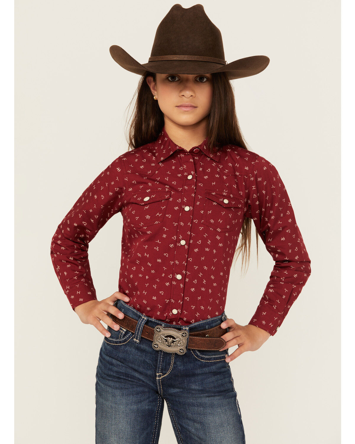 Image #1 - Ariat Girls' Conversation print Long Sleeve Pearl Snap Western Shirt, Red, hi-res