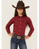 Image #1 - Ariat Girls' Conversation print Long Sleeve Pearl Snap Western Shirt, Red, hi-res