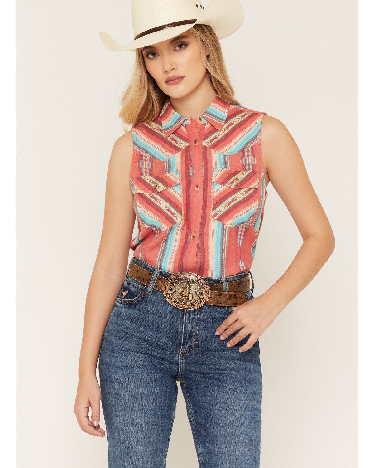 Image #1 - Shyanne Women's Southwestern Stripe Print Sleeveless Button-Down Western Shirt, Red, hi-res