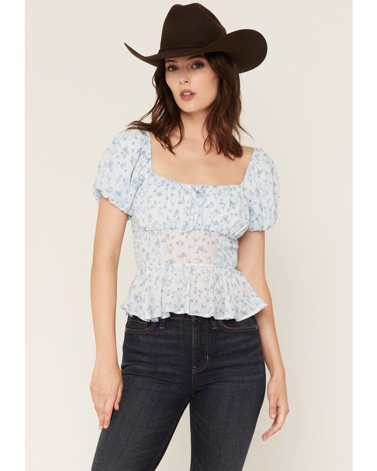 Image #1 - Ash & Violet Women's Ditsy Floral Smocked Short Sleeve Shirt, Blue, hi-res