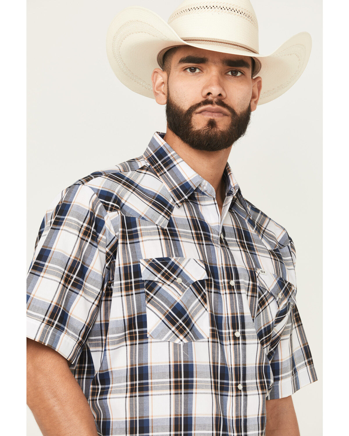 Image #2 - Ely Walker Men's Plaid Print Short Sleeve Snap Western Shirt, Navy, hi-res