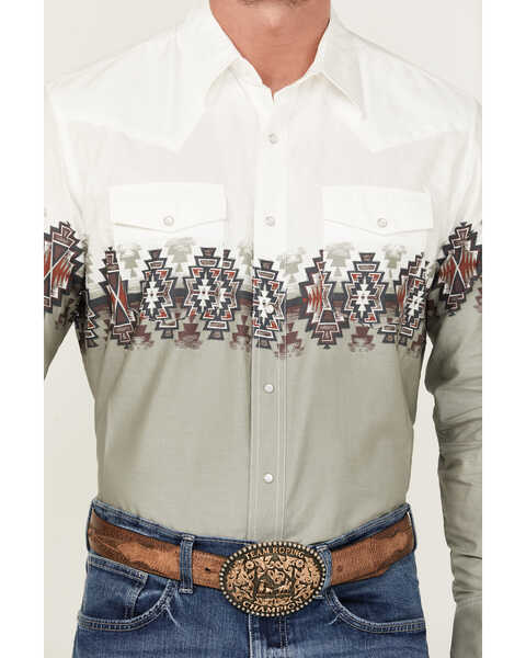 Image #3 - Wrangler Men's Checotah Border Print Long Sleeve Pearl Snap Western Shirt , White, hi-res